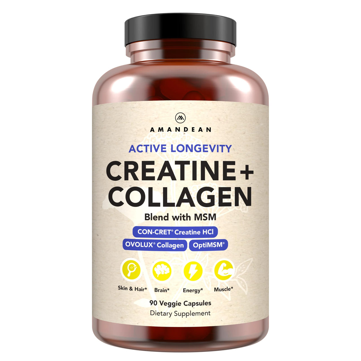 Bouteille de capsules AMANDEAN Créatine HCl, Collagène et MSM