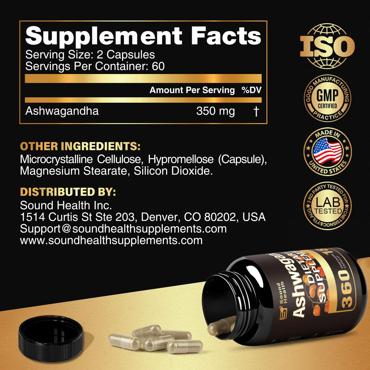 Bouteille de capsules Ashwagandha SoundHealth sur fond neutre