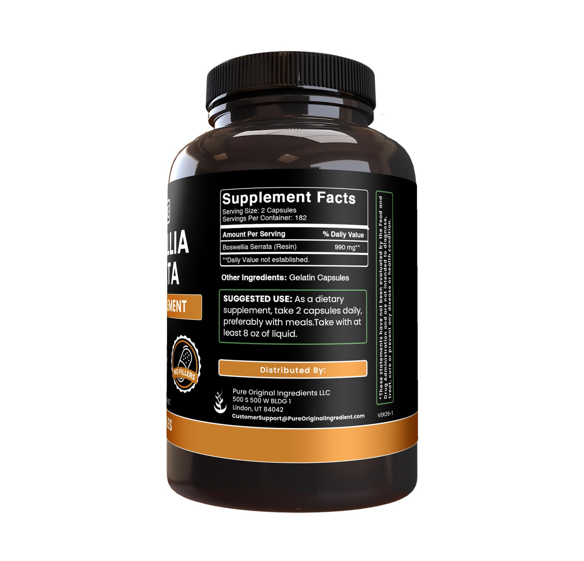 Bouteille de capsules Boswellia Serrata sur fond blanc