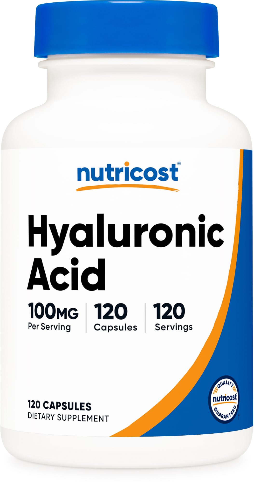 Bouteille de capsules d'acide hyaluronique Nutricost 100 mg vue de face