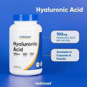 Bouteille de capsules d'acide hyaluronique Nutricost avec vue latérale