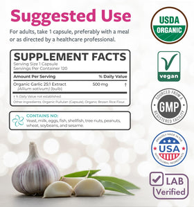 Bouteille de capsules d'ail bio PURE CO avec couvercle ouvert