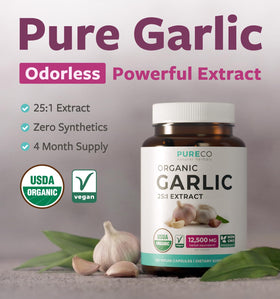 Bouteille de capsules d'ail bio PURE CO avec étiquette