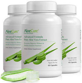 Bouteille de capsules d'Aloe Vera bio AloeCure vue de face
