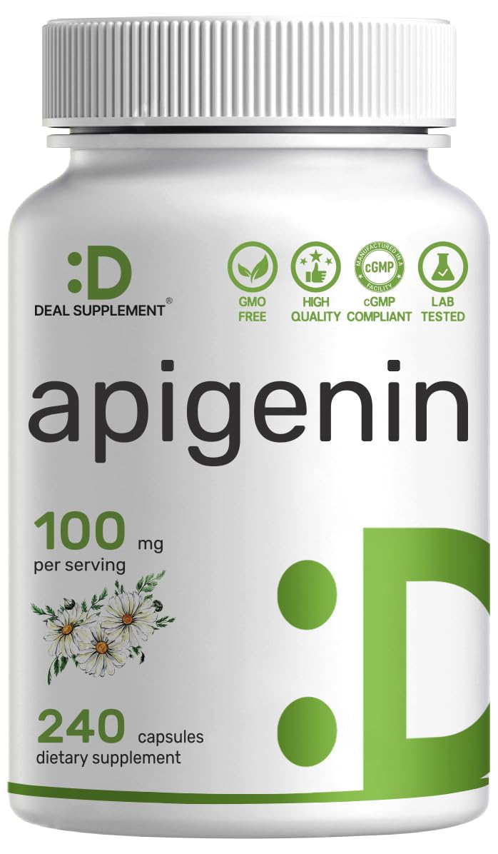 Bouteille de capsules d'apigénine DEAL SUPPLEMENT avec étiquette visible