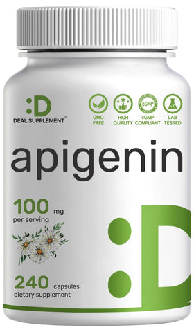 Bouteille de capsules d'apigénine DEAL SUPPLEMENT avec étiquette visible