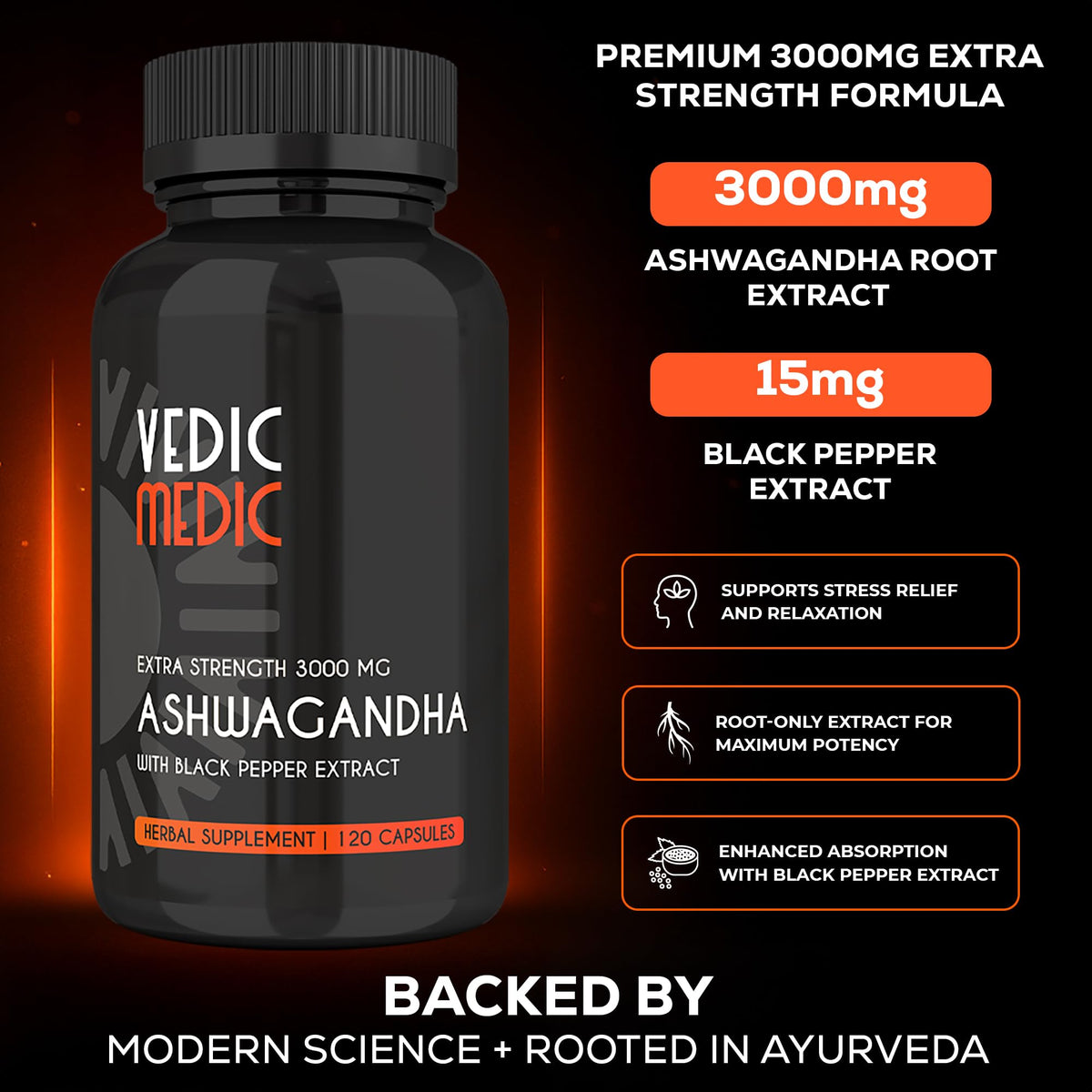 Bouteille de capsules d'Ashwagandha Bio 3000mg avec étiquette