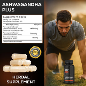 Bouteille de capsules d'Ashwagandha Bio ouverte avec capsules visibles