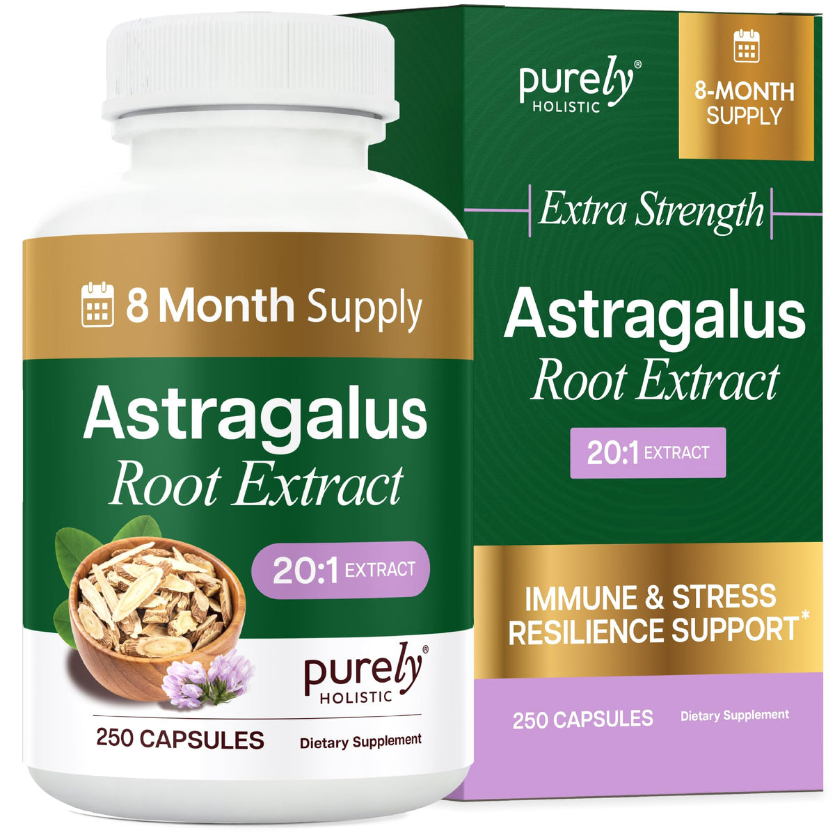 Bouteille de capsules d'Astragalus Racine Purely Holistic vue de face