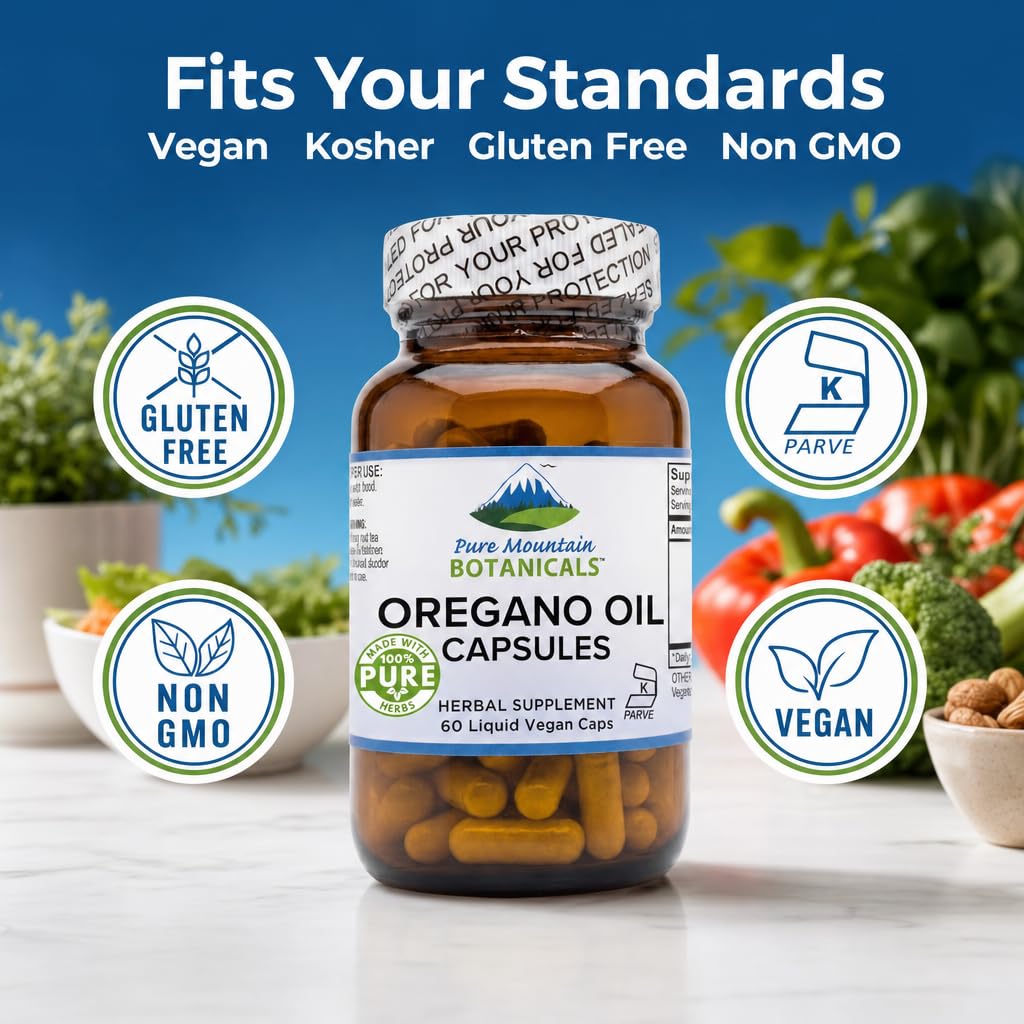 Bouteille de capsules d'huile d'origan avec étiquette visible