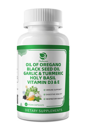 Bouteille de capsules d'huile d'origan Lukaree avec ingrédients en arrière-plan