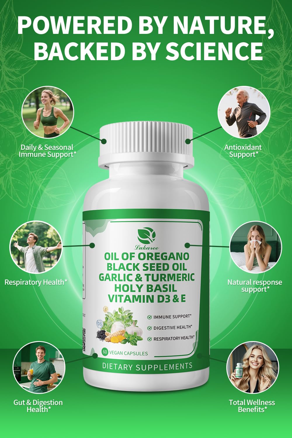 Bouteille de capsules d'huile d'origan Lukaree ouverte avec capsules visibles