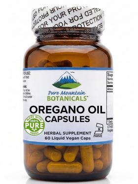 Bouteille de capsules d'huile d'origan Pure Mountain Botanicals vue de face