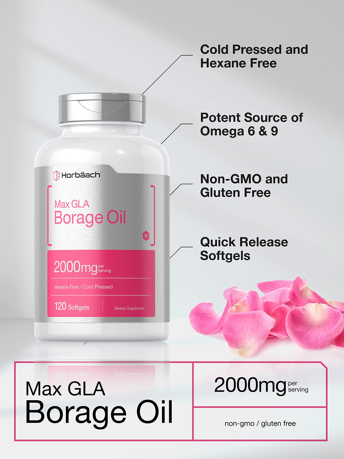 Bouteille de capsules d'huile de bourrache Horbäach avec étiquette