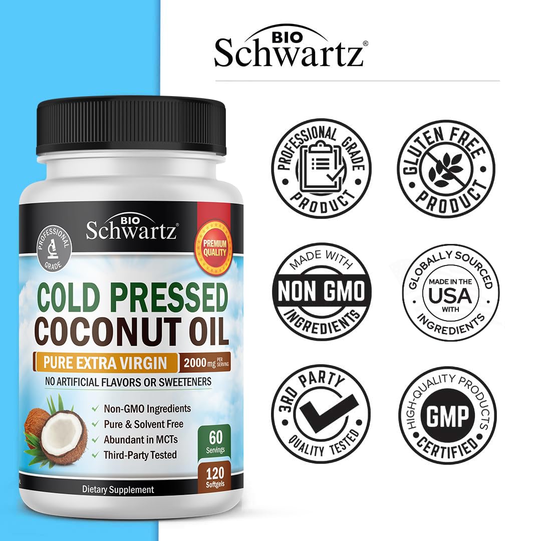 Bouteille de capsules d'huile de coco BioSchwartz ouverte