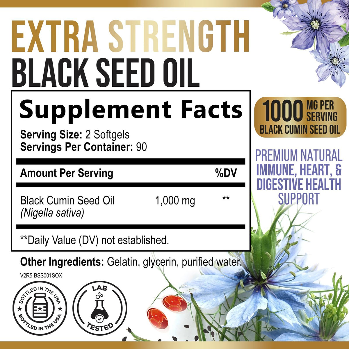 Bouteille de capsules d'huile de graines de nigelle 1000mg vue de côté