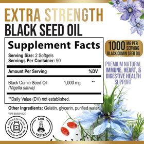Bouteille de capsules d'huile de graines de nigelle 1000mg vue de côté