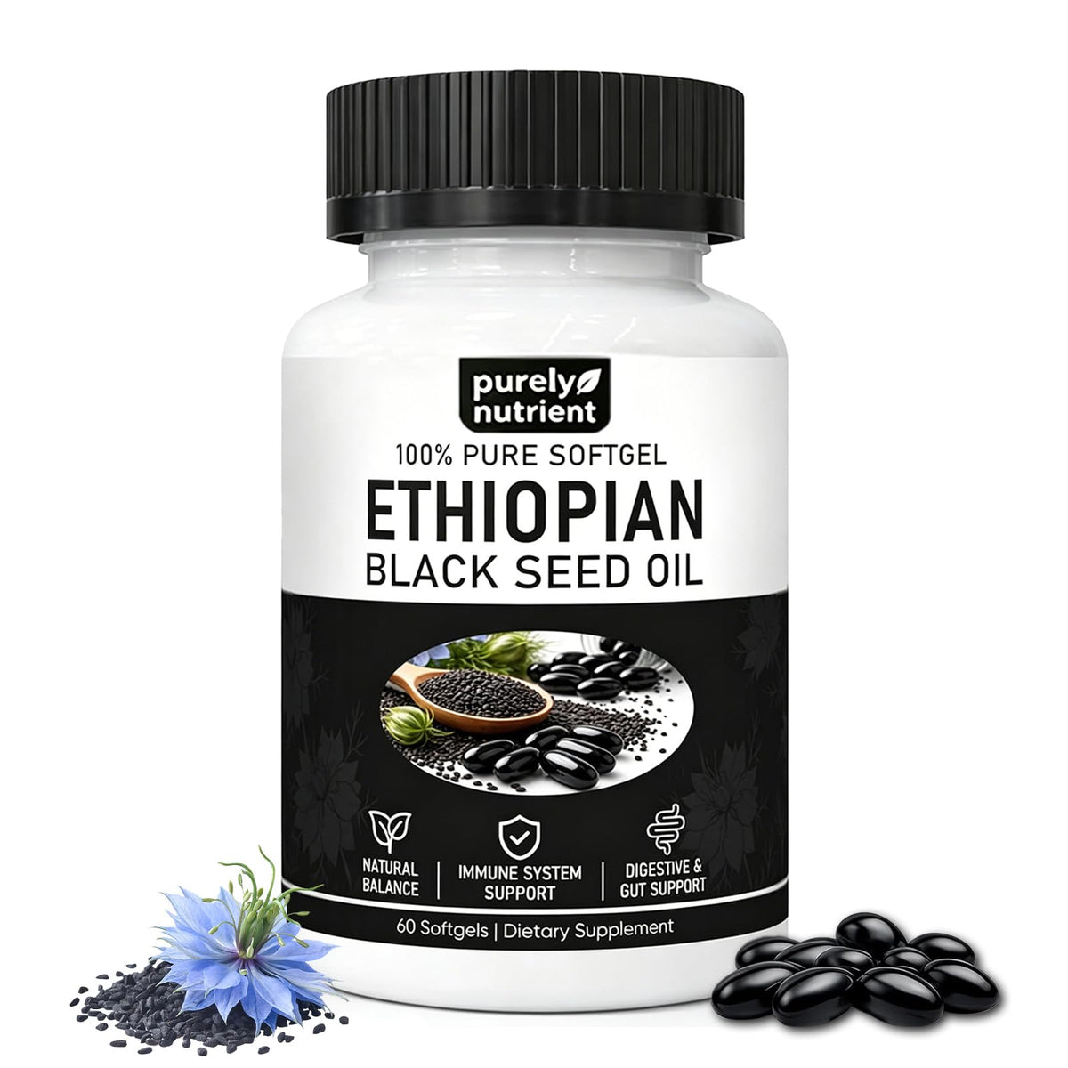 Bouteille de capsules d'huile de nigelle éthiopienne GENTERUN vue de face