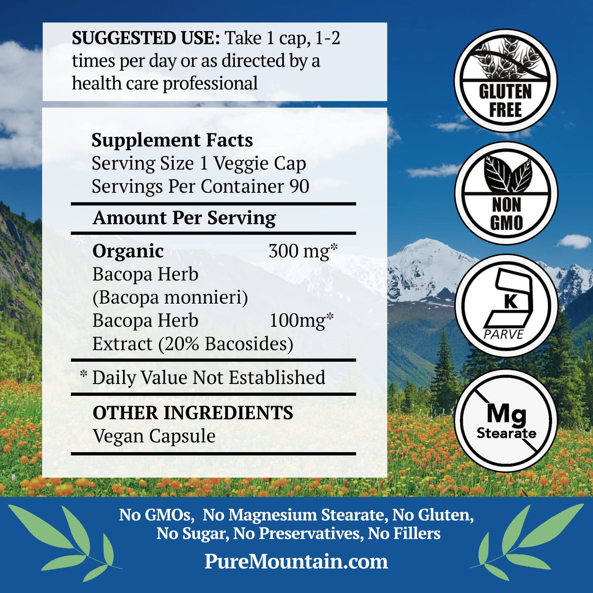 Bouteille de capsules de Bacopa Monnieri avec étiquette claire