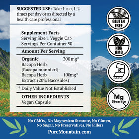 Bouteille de capsules de Bacopa Monnieri avec étiquette claire