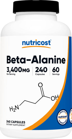 Bouteille de capsules de Beta-Alanine Nutricost 3400mg vue de face