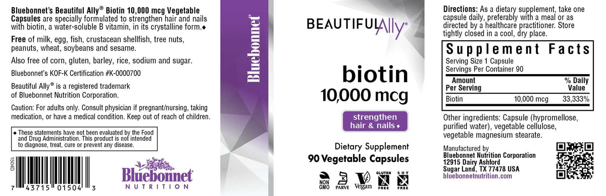 Bouteille de capsules de biotine BlueBonnet, étiquette visible