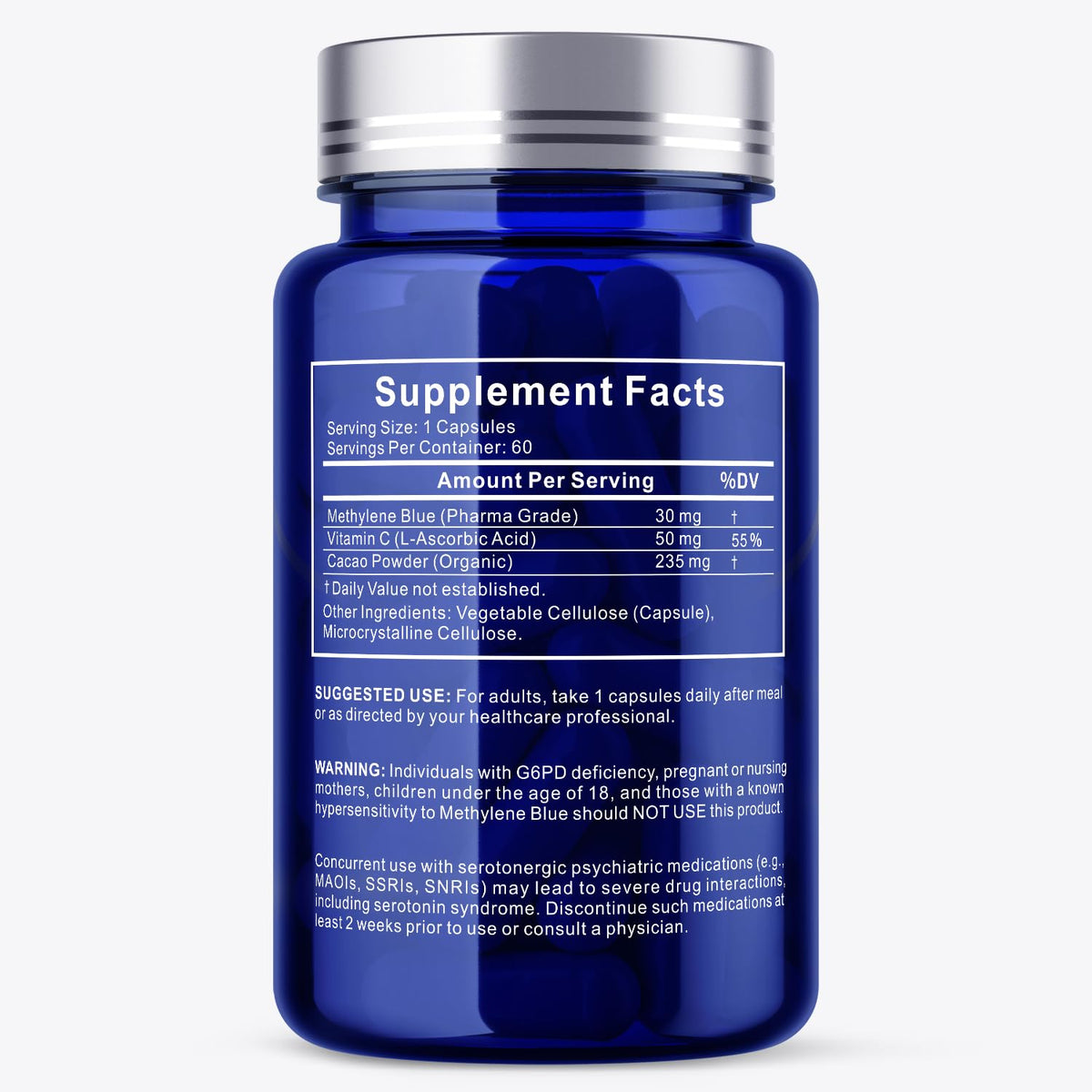 Bouteille de capsules de bleu de méthylène UBEEKOO sur une table