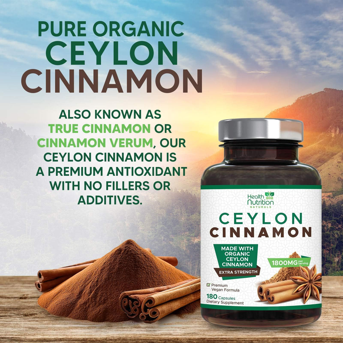 Bouteille de capsules de cannelle de Ceylan avec des plantes en arrière-plan