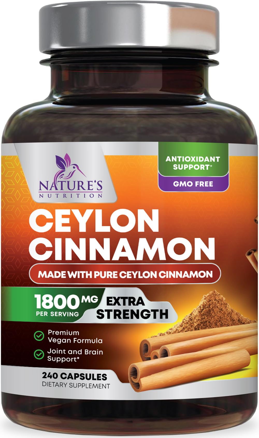 Bouteille de capsules de cannelle de Ceylan bio Nature's Nutrition
