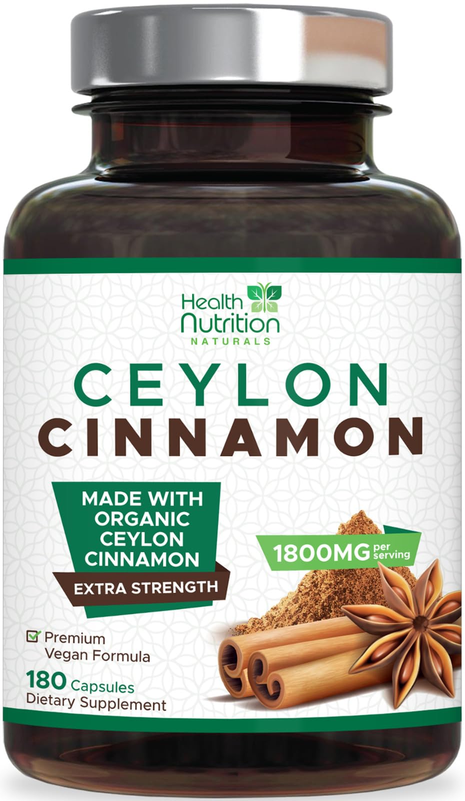 Bouteille de capsules de cannelle de Ceylan Health Nutrition Naturals vue de face