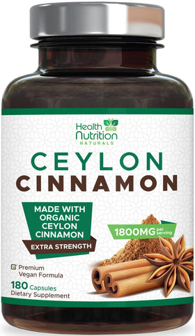 Bouteille de capsules de cannelle de Ceylan Health Nutrition Naturals vue de face