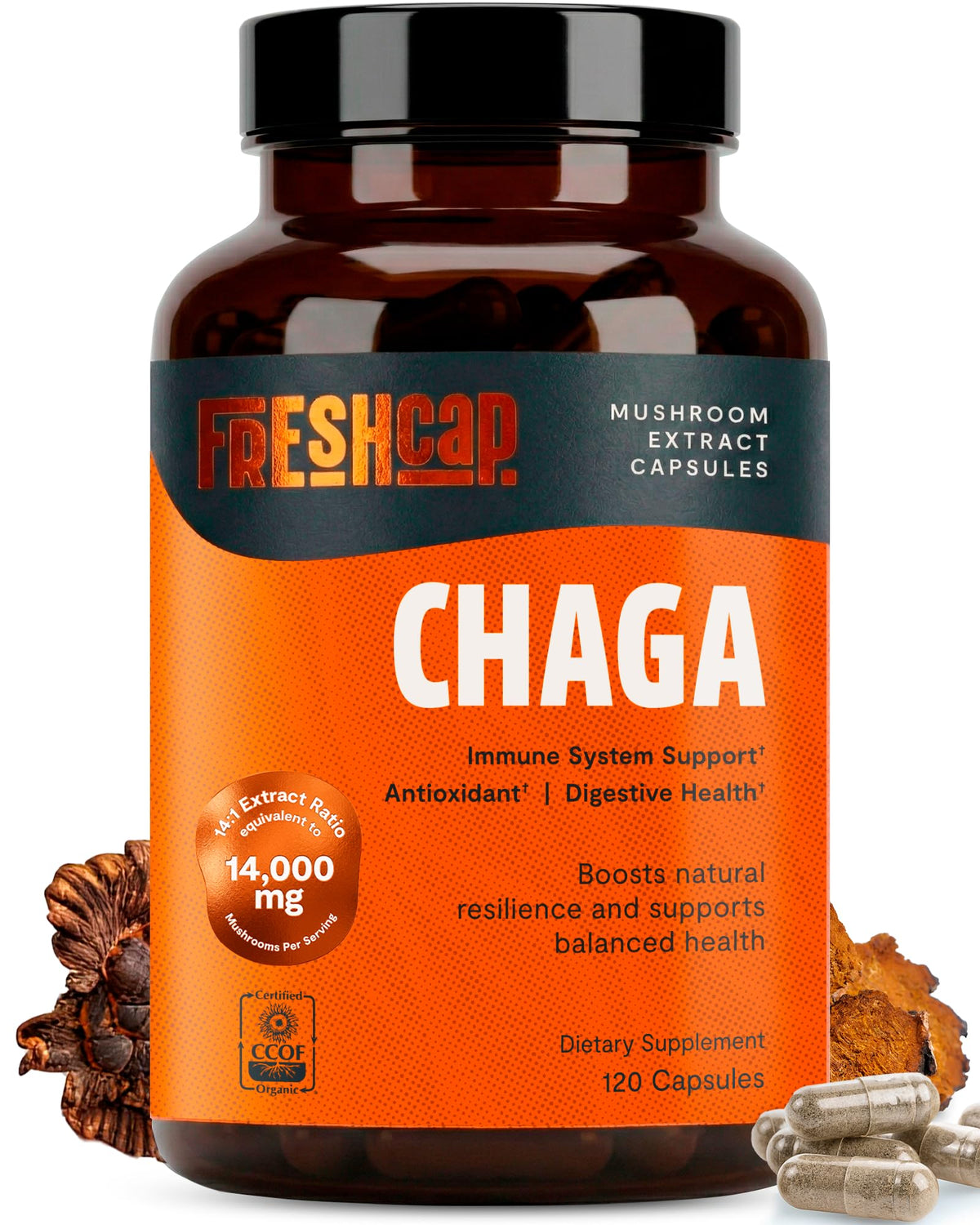 Bouteille de capsules de Chaga FreshCap vue de face