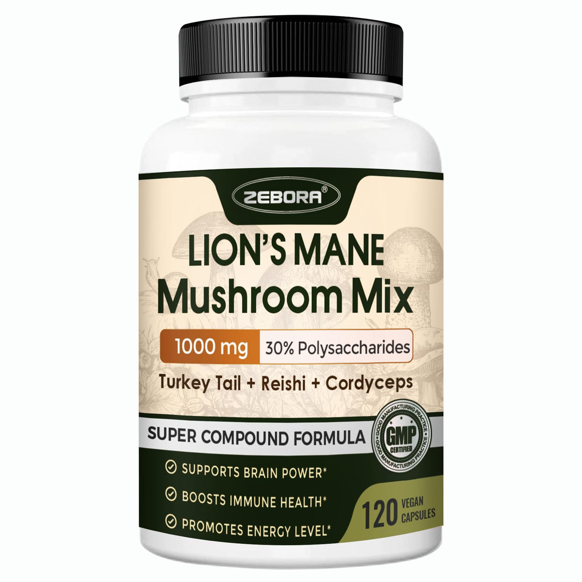 Bouteille de capsules de champignon Lion's Mane ZEBORA 120 pièces