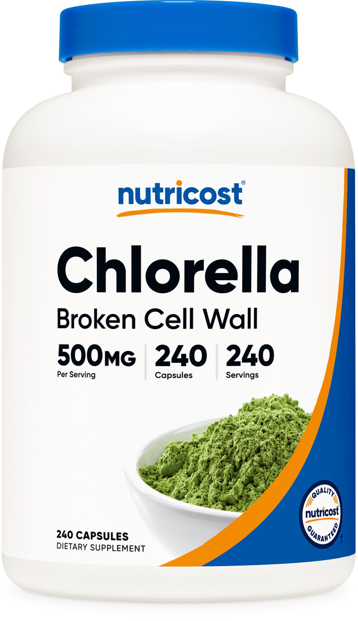 Bouteille de capsules de chlorelle Nutricost 500mg, 240 capsules végétariennes
