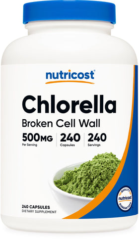 Bouteille de capsules de chlorelle Nutricost 500mg, 240 capsules végétariennes