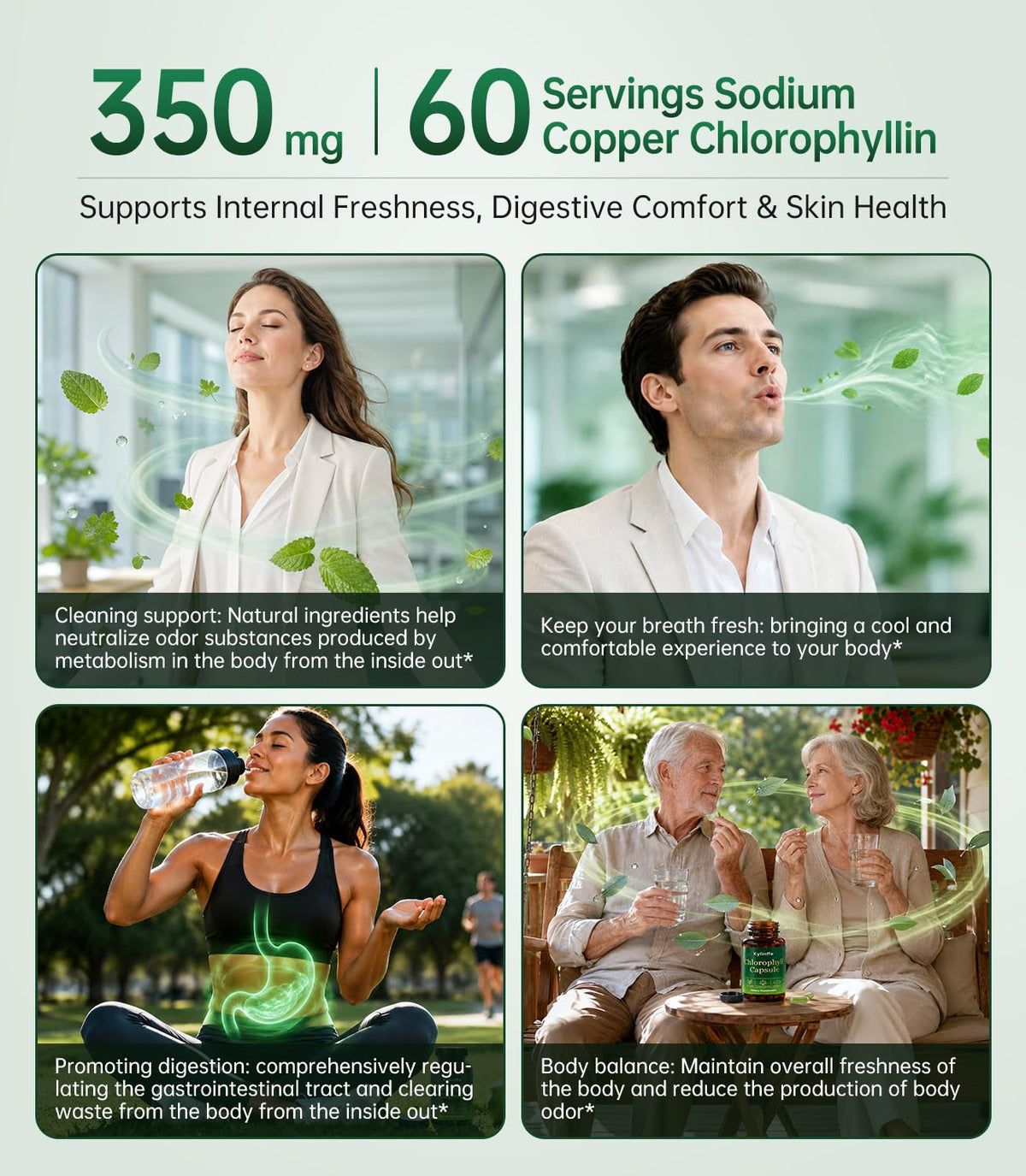 Bouteille de capsules de chlorophylle Oopeatol ouverte montrant les capsules