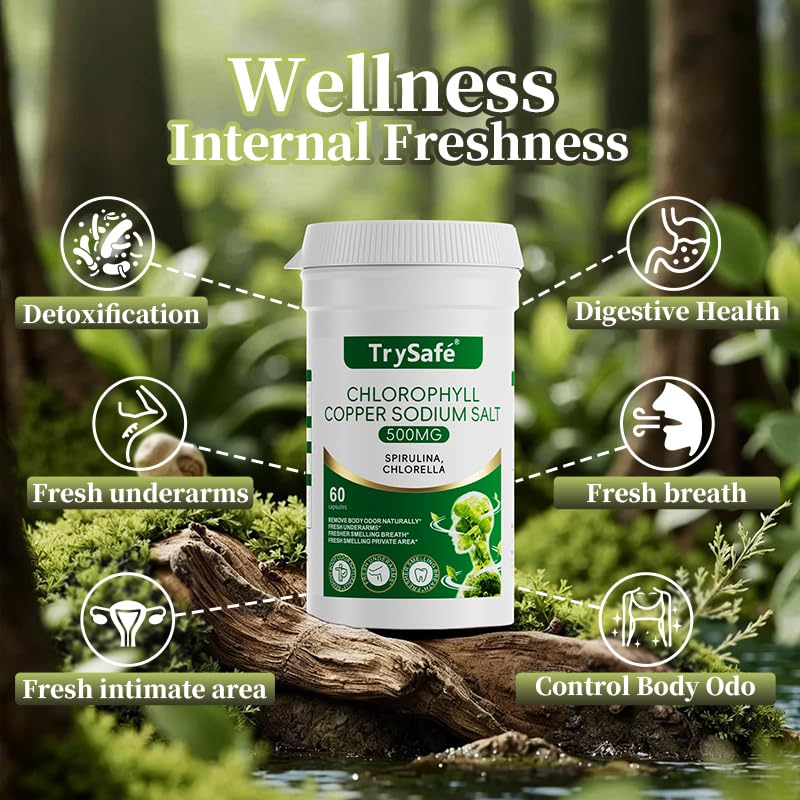 Bouteille de capsules de chlorophylle TrySafe ouverte avec capsules