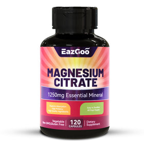 Bouteille de capsules de citrate de magnésium EAZGOO 1250mg devant un fond neutre