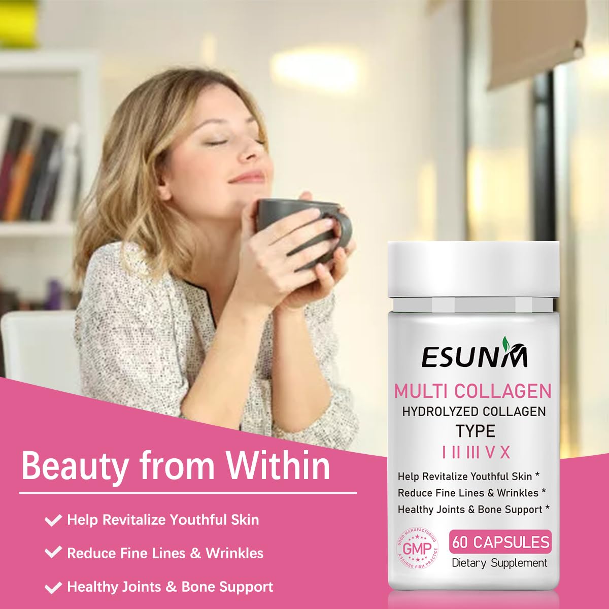 Bouteille de capsules de collagène ESUNM avec des ingrédients naturels
