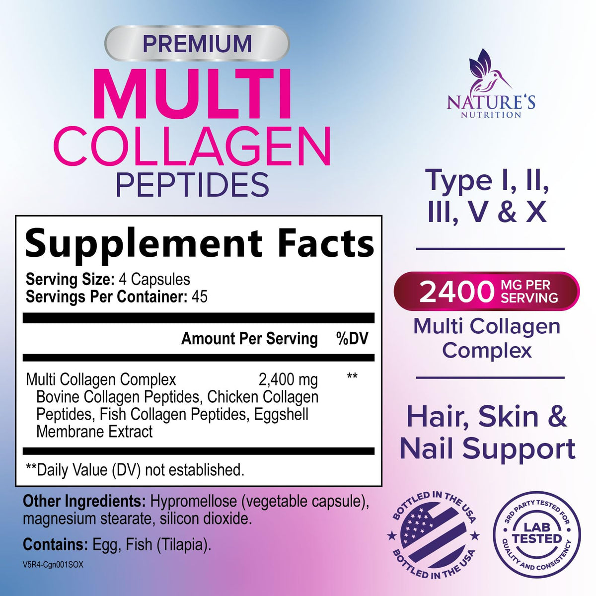 Bouteille de capsules de collagène Nature's Nutrition avec étiquette