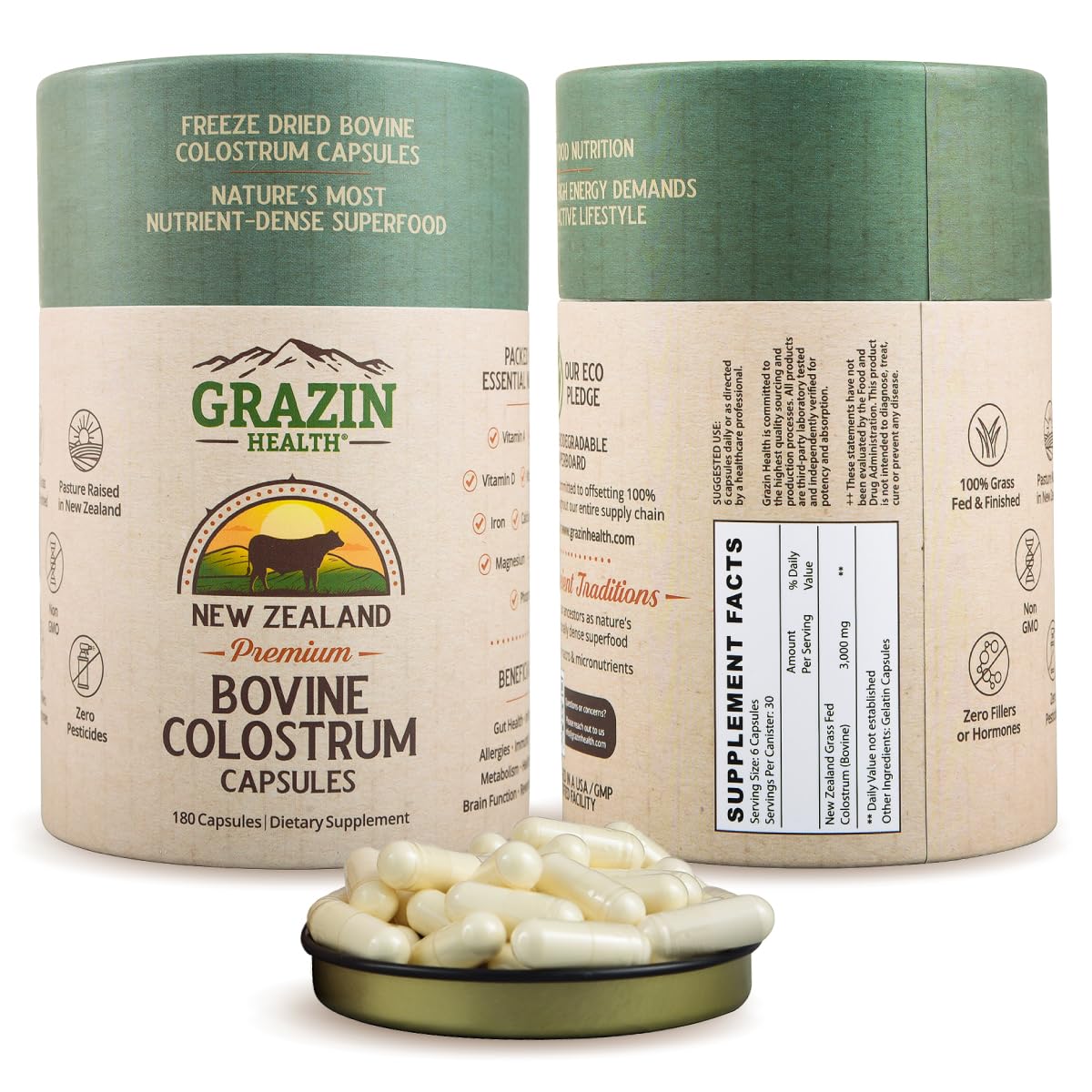 Bouteille de capsules de colostrum bovin GRAZIN HEALTH 3000mg