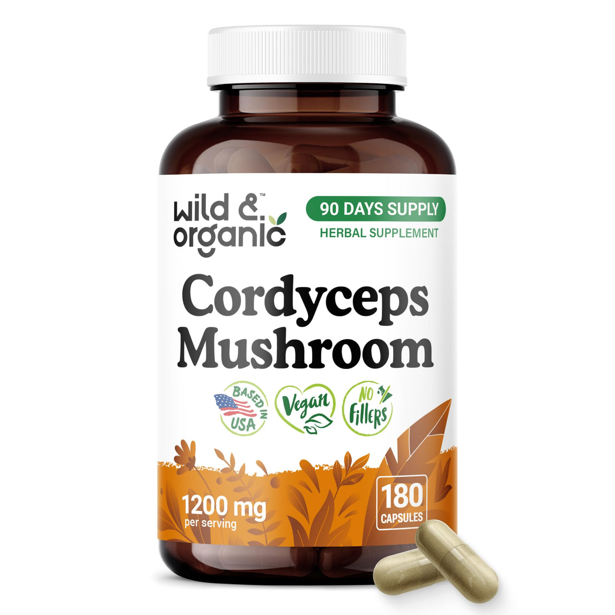 Bouteille de capsules de cordyceps Wild & Organic 1200 mg, vue de face
