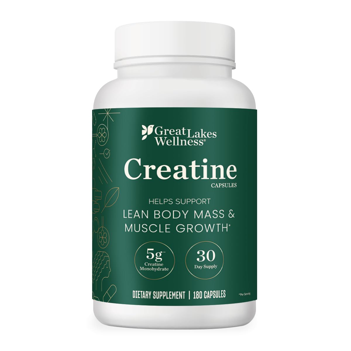 Bouteille de capsules de créatine monohydrate Great Lakes Gelatin vue de face