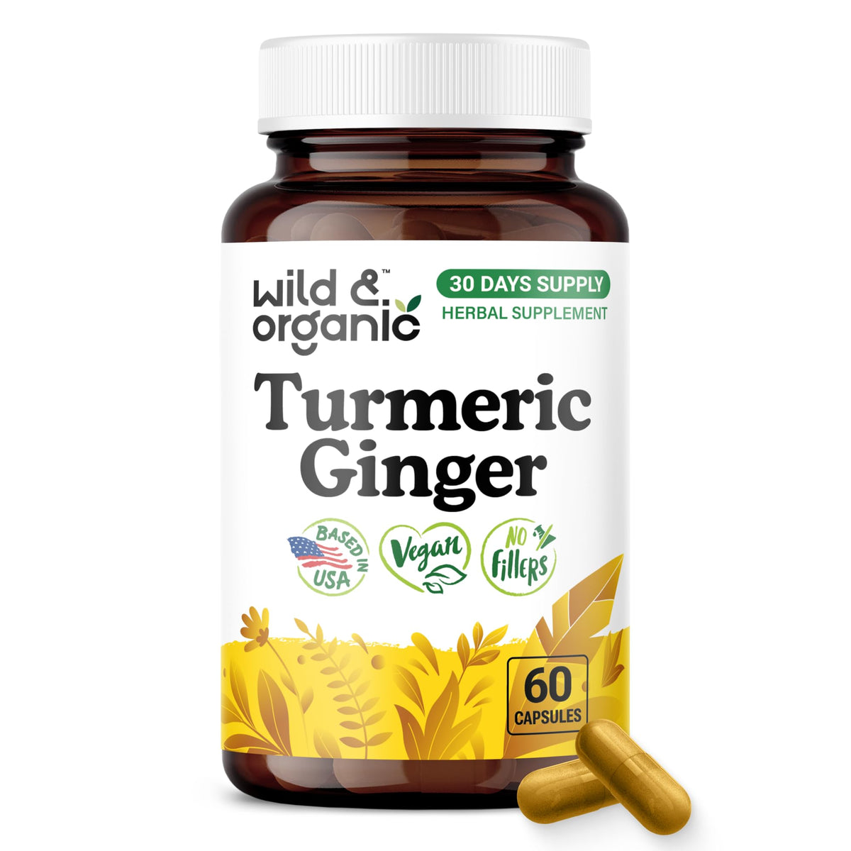 Bouteille de capsules de curcuma et gingembre Wild & Organic vue de face