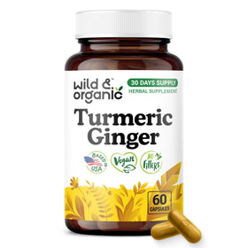 Bouteille de capsules de curcuma et gingembre Wild & Organic vue de face