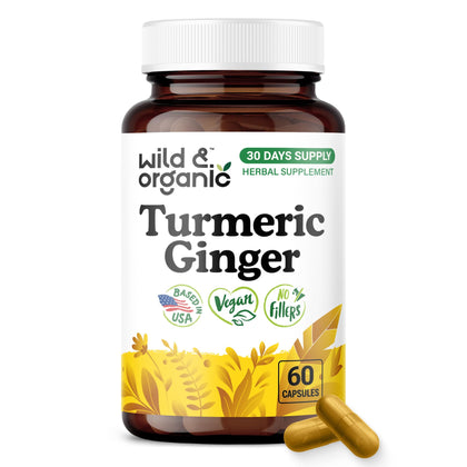 Bouteille de capsules de curcuma et gingembre Wild & Organic vue de face