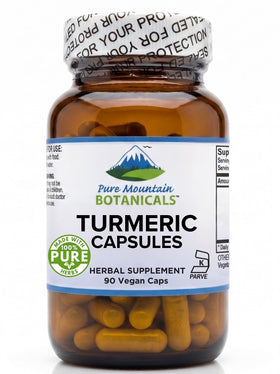 Bouteille de capsules de curcuma Pure Mountain Botanicals vue avant