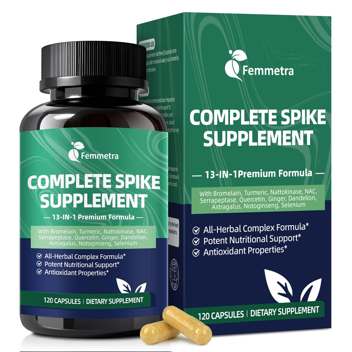 Bouteille de capsules de détox Femmetra 13-en-1 vue de face