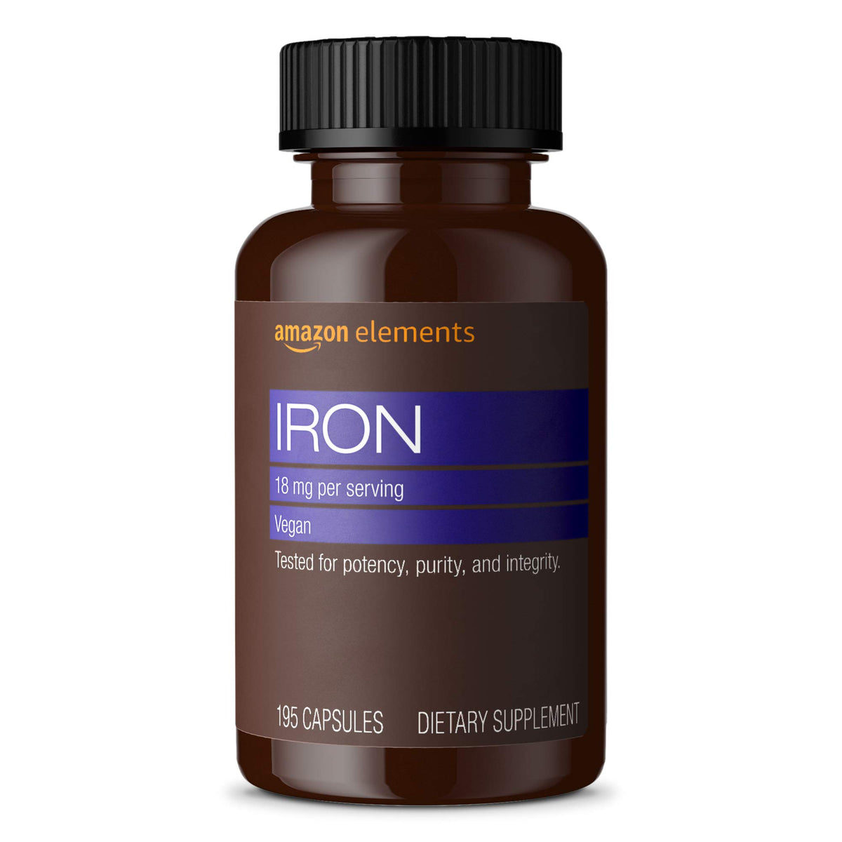 Bouteille de capsules de fer 18mg Elements, vue de face