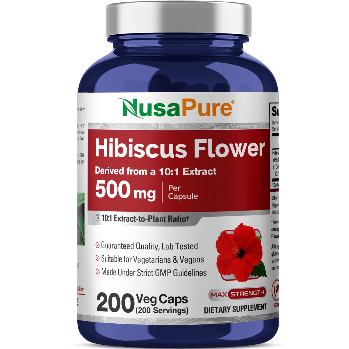 Bouteille de capsules de fleur d'hibiscus NusaPure 500mg vue de face